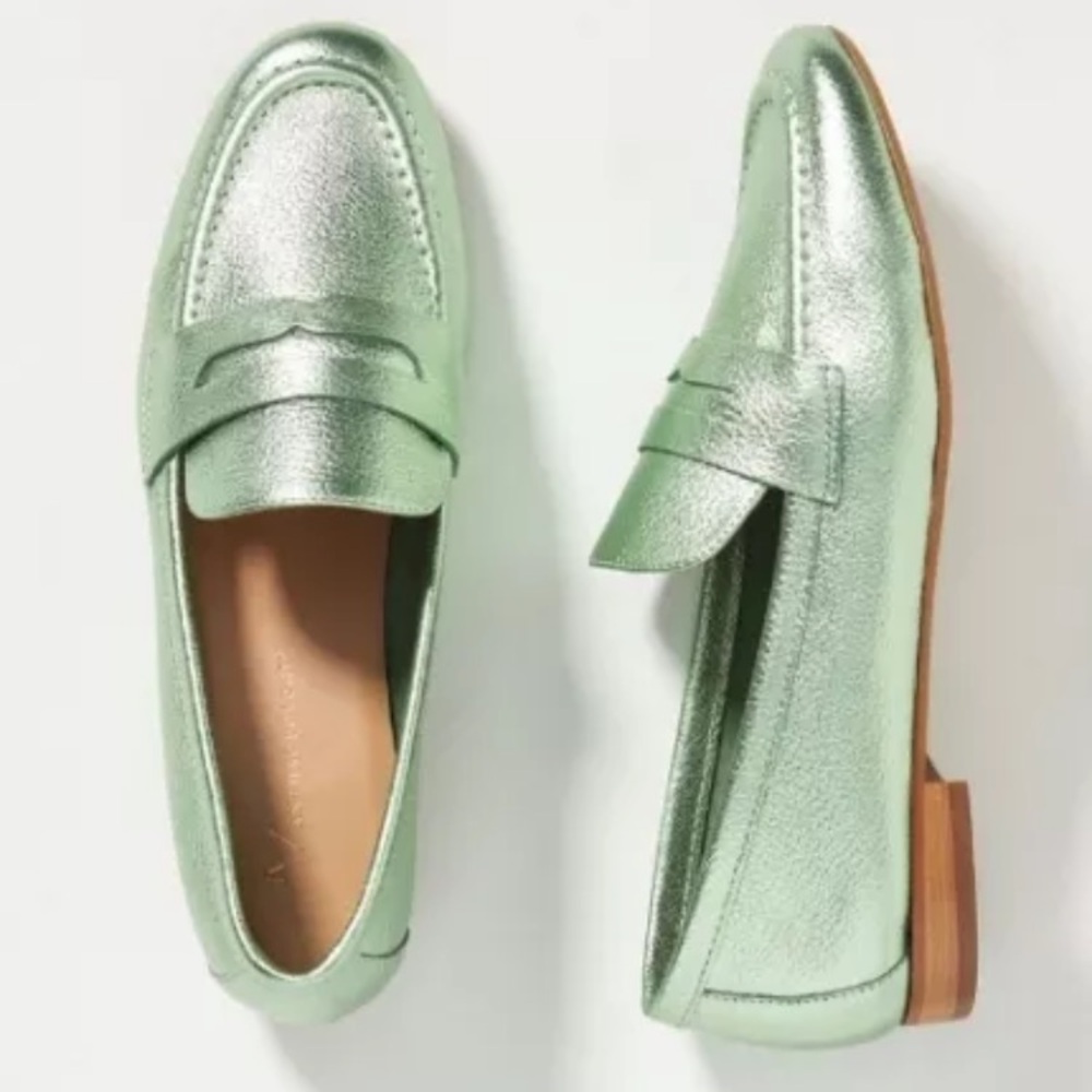Anthropologie Metallic Green Loafers Size 8 NWT shoebox easy slip-on style